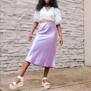 LILAC LAVENDER SATIN MIDI SKIRT | BOUTIQUE